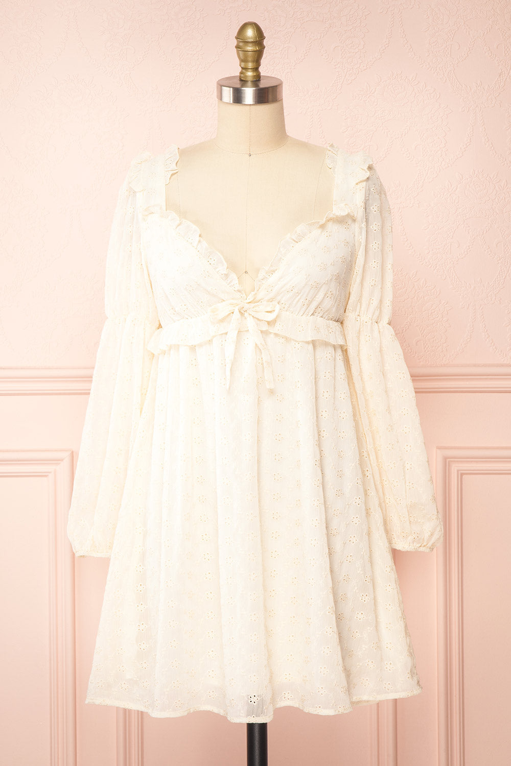 Halsey Cream English Embroidered Short Dress | Boutique 1861 front view