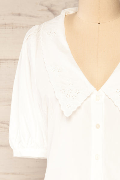 Haneul White Puffy Sleeves Buttoned Blouse | La petite garçonne front close-up