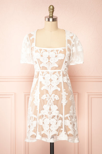Hansa Short White Mesh Dress w/ Floral Embroidery | Boutique 1861 front view
