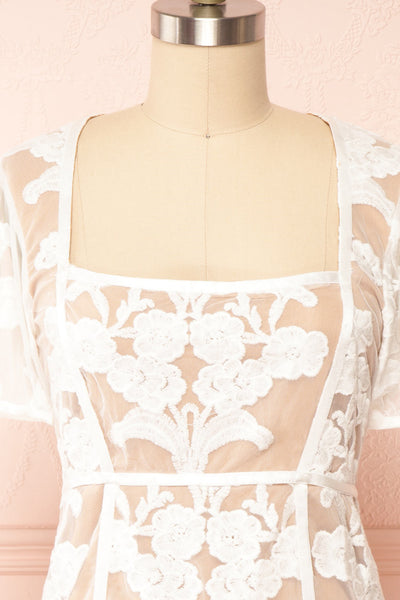 Hansa Short White Mesh Dress w/ Floral Embroidery | Boutique 1861 front close up