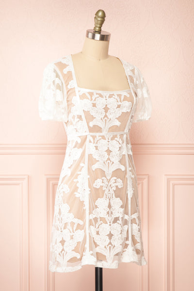 Hansa Short White Mesh Dress w/ Floral Embroidery | Boutique 1861 side view