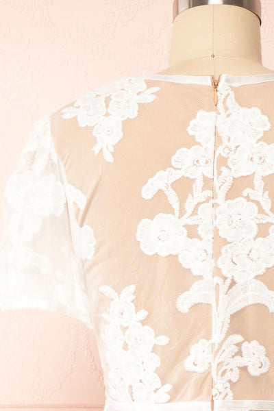 Hansa Short White Mesh Dress w/ Floral Embroidery | Boutique 1861 back close up