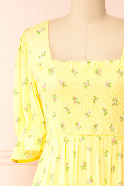 Hapi Yellow Floral Midi Dress | Boutique 1861 front close-up