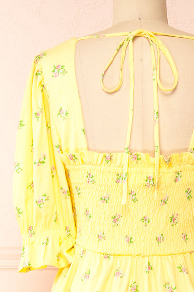 Hapi Yellow Floral Midi Dress | Boutique 1861 back close-up