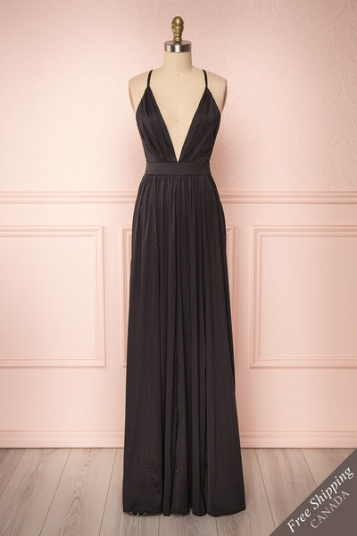 Harini Black Silky A-Line Gown with Plunging Neckline | FRONT VIEW | Boutique 1861