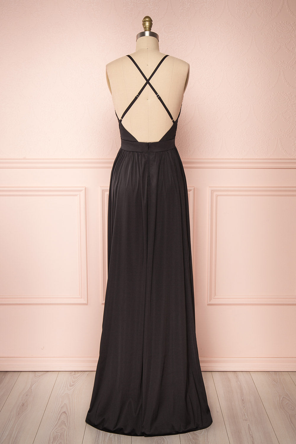 Harini Black Silky A-Line Gown with Plunging Neckline | BACK VIEW | Boutique 1861