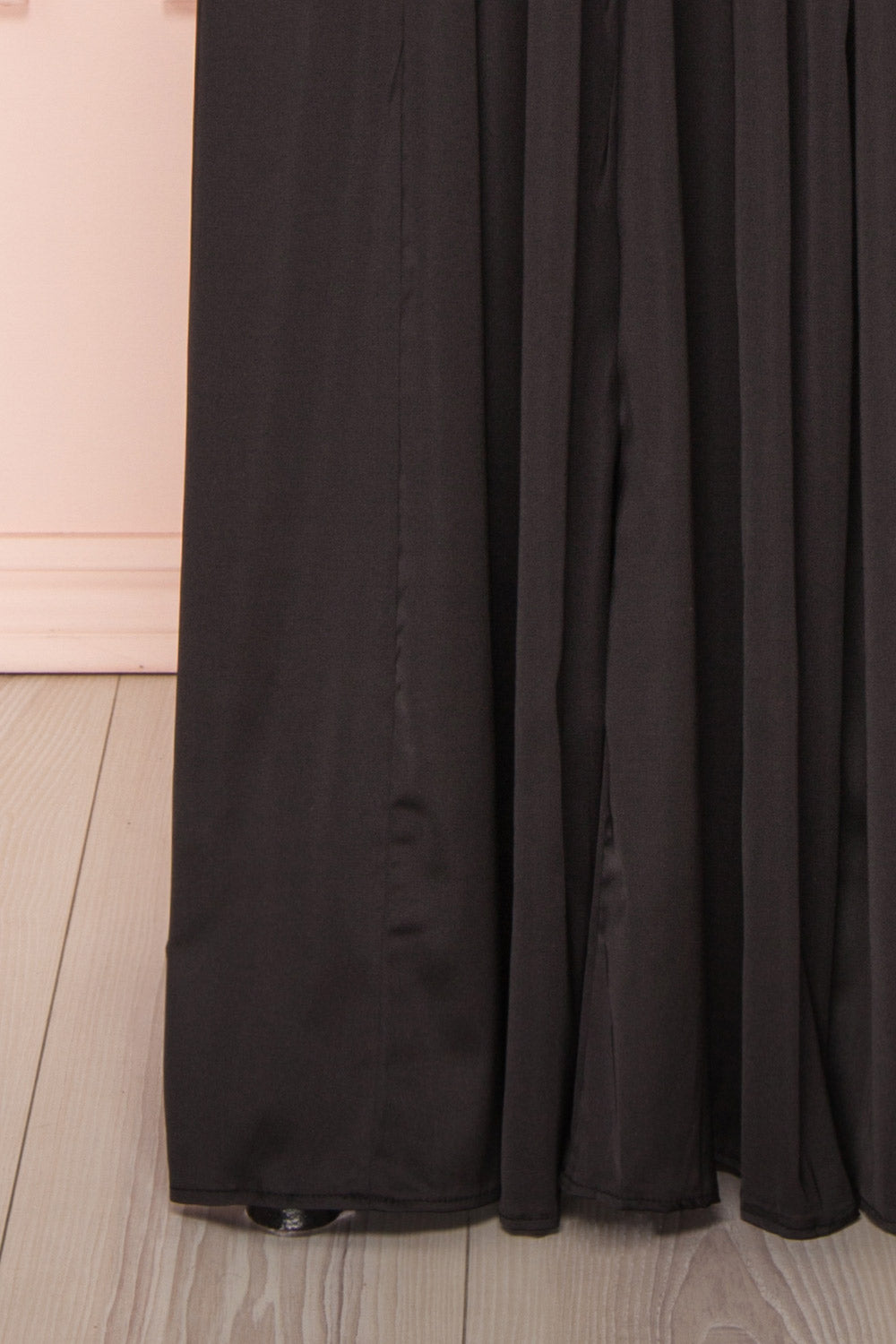 Harini Black Silky A-Line Gown with Plunging Neckline | BOTTOM CLOSE UP | Boutique 1861
