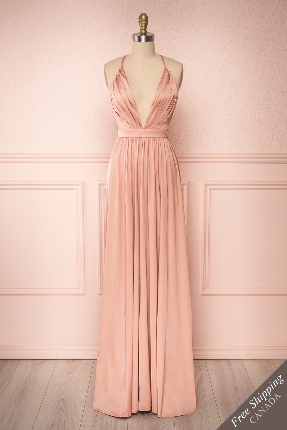 Harini Blush Pink Silky Gown with Plunging Neckline | FRONT VIEW | Boutique 1861