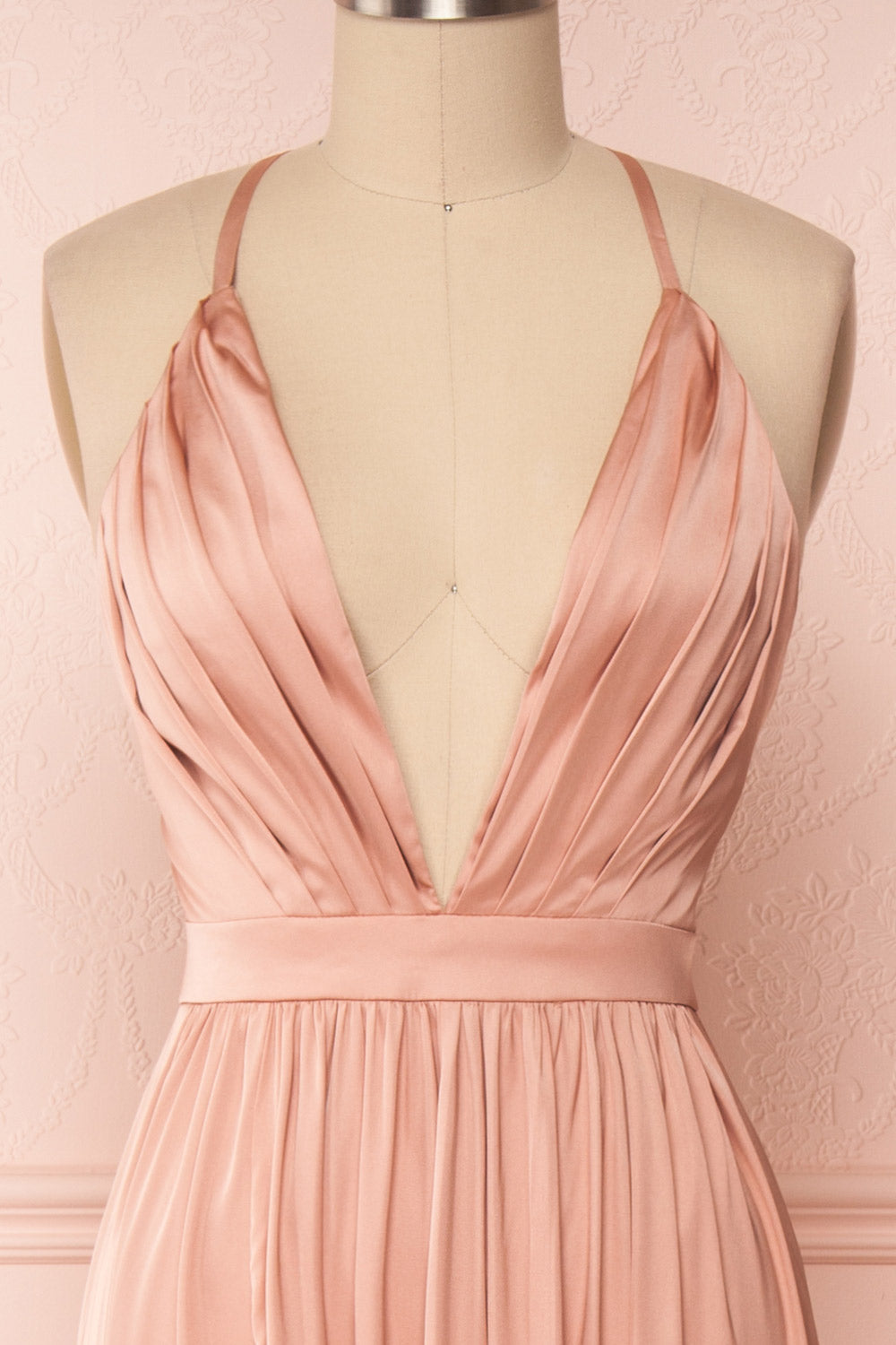 Harini Blush Pink Silky Gown with Plunging Neckline | FRONT CLOSE UP | Boutique 1861