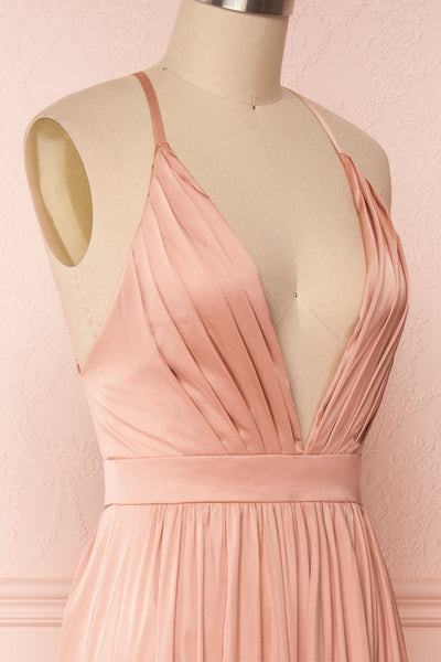 Harini Blush Pink Silky Gown with Plunging Neckline | SIDE CLOSE UP | Boutique 1861
