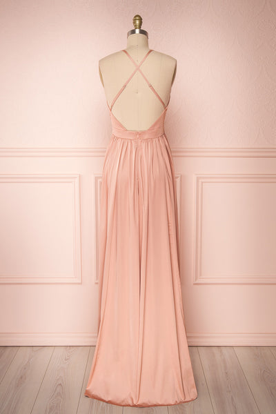 Harini Blush Pink Silky Gown with Plunging Neckline | BACK VIEW | Boutique 1861