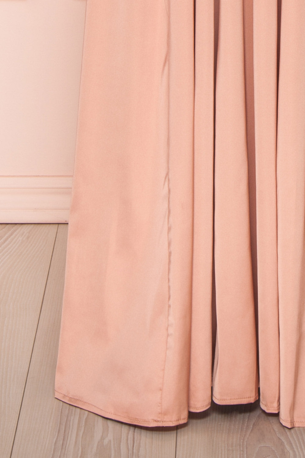 Harini Blush Pink Silky Gown with Plunging Neckline | BOTTOM CLOSE UP | Boutique 1861