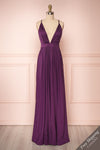 Harini Eggplant Purple Silky Gown w Plunging Neckline  | FRONT VIEW | Boutique 1861