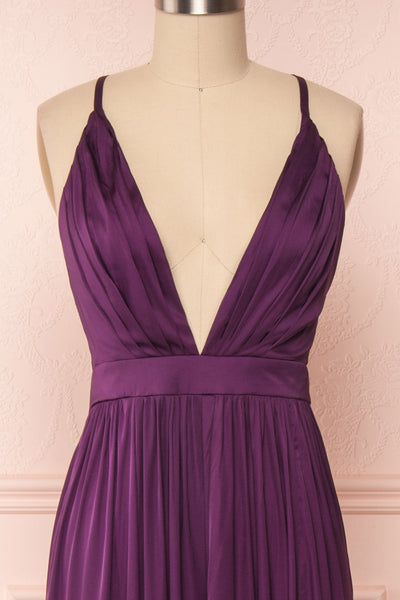 Harini Eggplant Purple Silky Gown w Plunging Neckline  | FRONT CLOSE UP | Boutique 1861