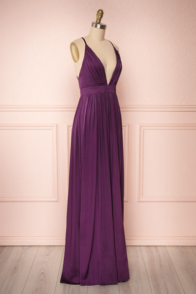 Harini Eggplant Purple Silky Gown w Plunging Neckline  | SIDE VIEW | Boutique 1861