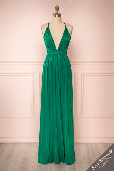 Harini Green Silky A-Line Gown with Plunging Neckline | FRONT VIEW | Boutique 1861
