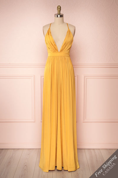 Harini Mustard Yellow Silky Gown w Plunging Neckline | FRONT VIEW | Boutique 1861