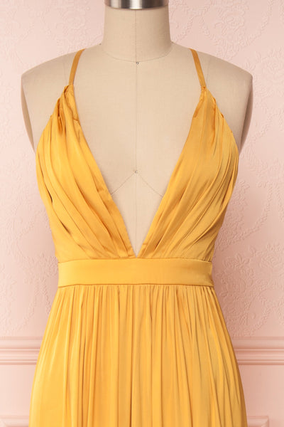 Harini Mustard Yellow Silky Gown w Plunging Neckline | FRONT CLOSE UP | Boutique 1861