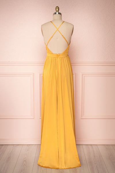 Harini Mustard Yellow Silky Gown w Plunging Neckline | BACK VIEW | Boutique 1861