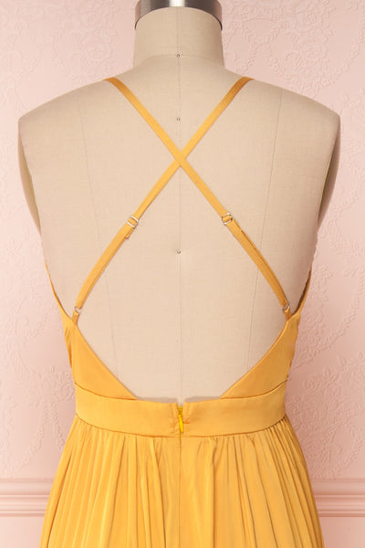 Harini Mustard Yellow Silky Gown w Plunging Neckline | BACK CLOSE UP | Boutique 1861