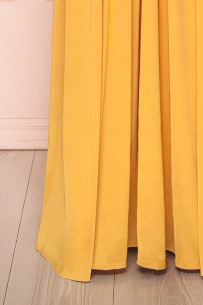 Harini Mustard Yellow Silky Gown w Plunging Neckline | BOTTOM CLOSE UP | Boutique 1861