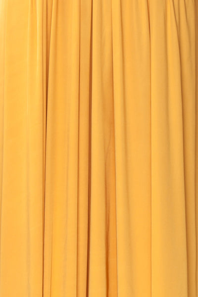 Harini Mustard Yellow Silky Gown w Plunging Neckline | FABRIC DETAIL | Boutique 1861