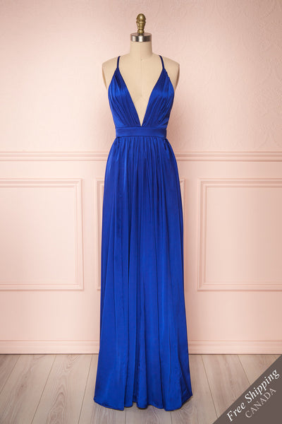 Harini Navy Royal Blue Silky Gown w Plunging Neckline | FRONT VIEW | Boutique 1861