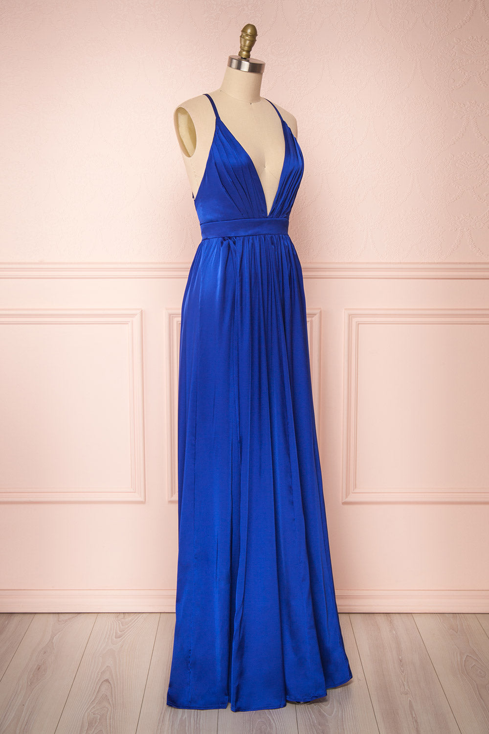 Harini Navy Royal Blue Silky Gown w Plunging Neckline | SIDE VIEW | Boutique 1861