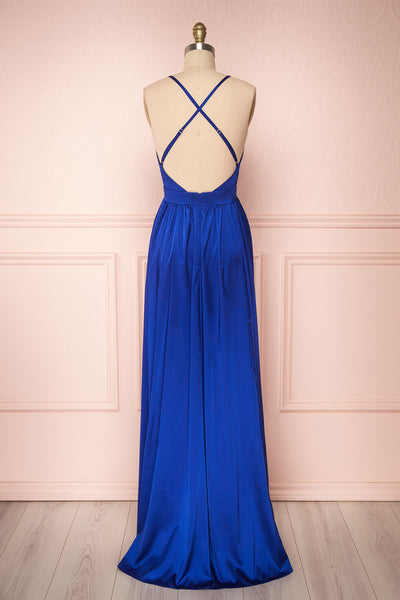 Harini Navy Royal Blue Silky Gown w Plunging Neckline | BACK VIEW | Boutique 1861