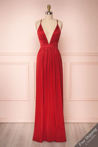 Harini Wine Red Silky A-Line Gown w Plunging Neckline | FRONT VIEW | Boutique 1861