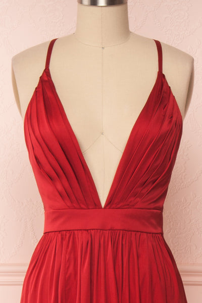 Harini Wine Red Silky A-Line Gown w Plunging Neckline | FRONT CLOSE UP | Boutique 1861