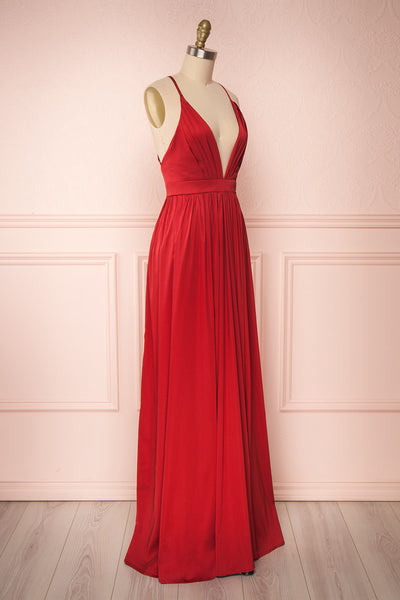 Harini Wine Red Silky A-Line Gown w Plunging Neckline | SIDE VIEW | Boutique 1861