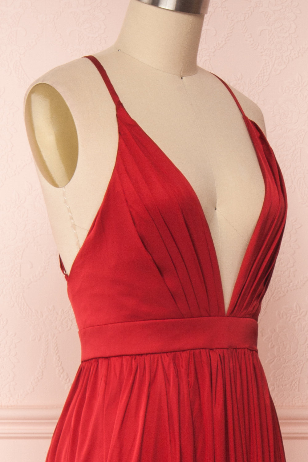 Harini Wine Red Silky A-Line Gown w Plunging Neckline | SIDE CLOSE UP | Boutique 1861