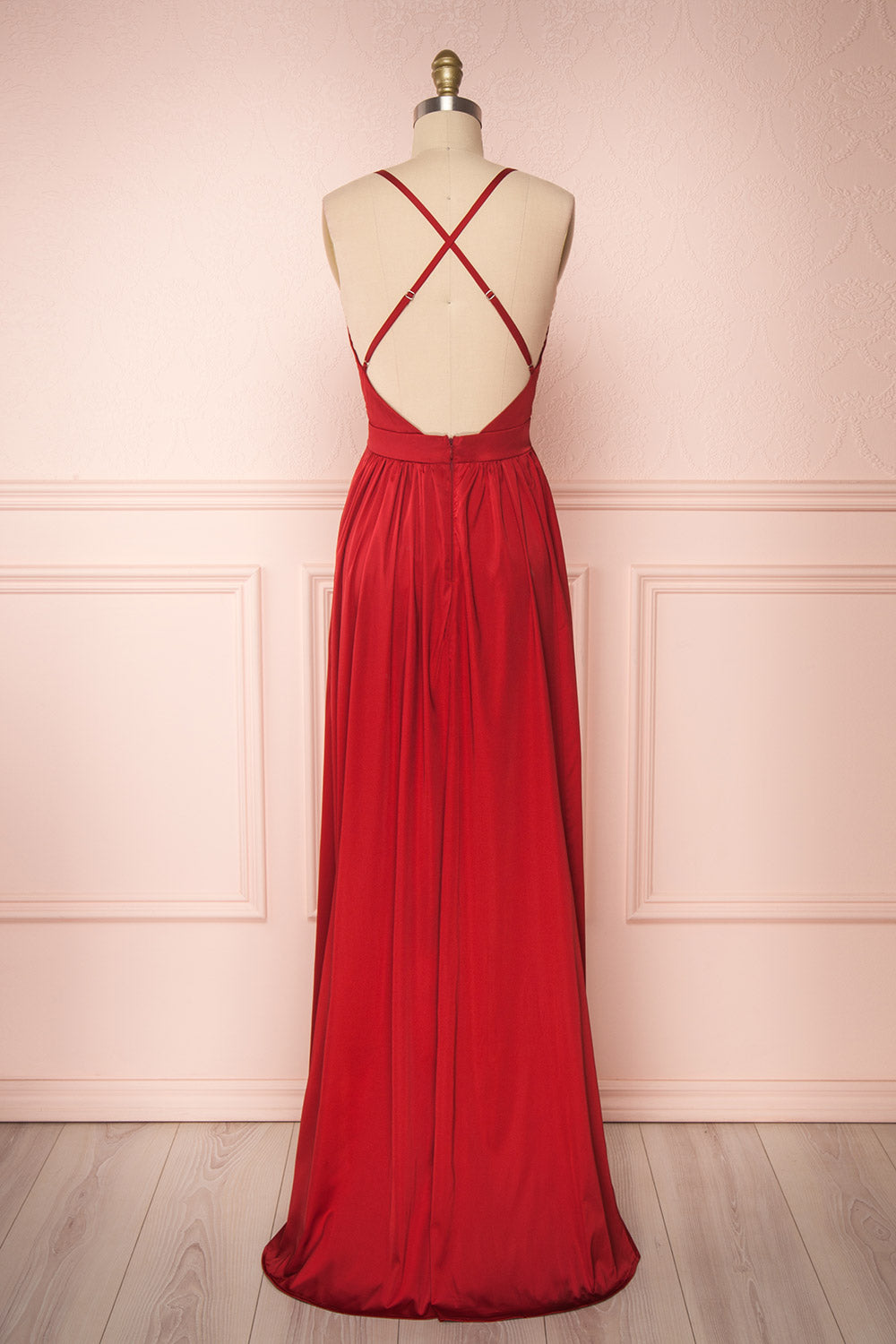 Harini Wine Red Silky A-Line Gown w Plunging Neckline | BACK VIEW | Boutique 1861