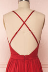 Harini Wine Red Silky A-Line Gown w Plunging Neckline | BACK CLOSE UP | Boutique 1861