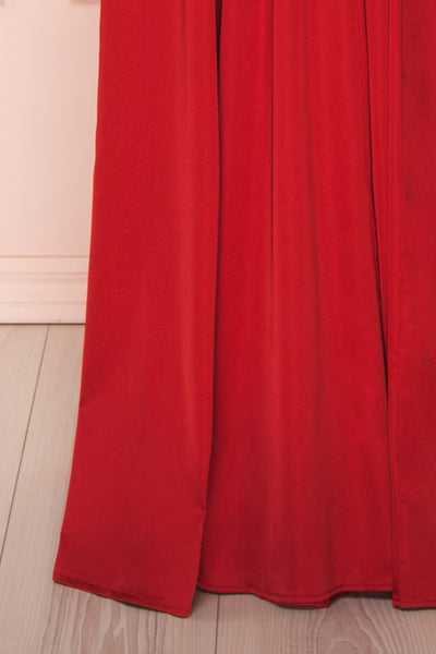 Harini Wine Red Silky A-Line Gown w Plunging Neckline | BOTTOM CLOSE UP | Boutique 1861