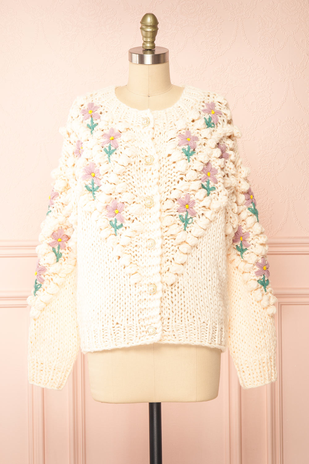 Haristie Beige Floral Knit Cardigan | Boutique 1861 front view
