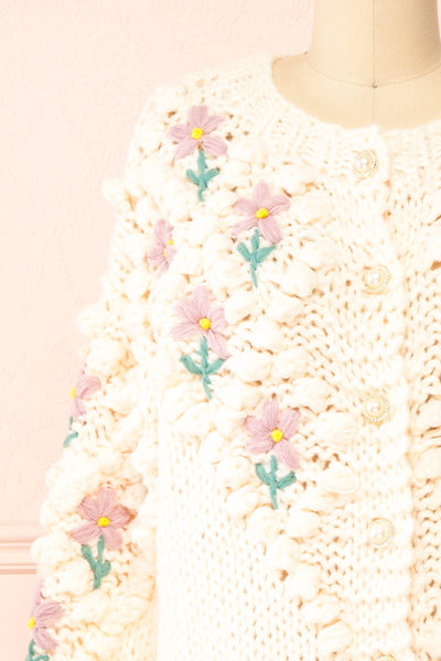 Haristie Beige Floral Knit Cardigan | Boutique 1861 front close-up