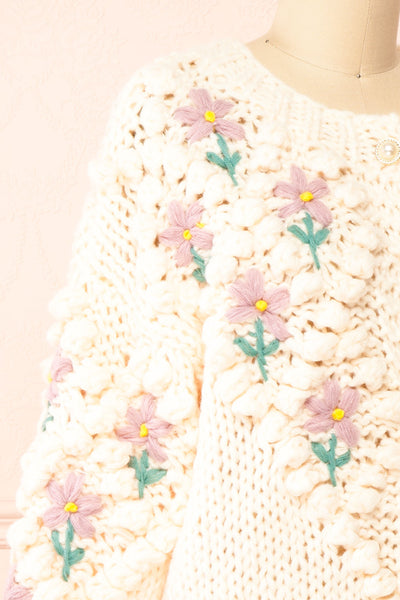Haristie Beige Floral Knit Cardigan | Boutique 1861 side close-up