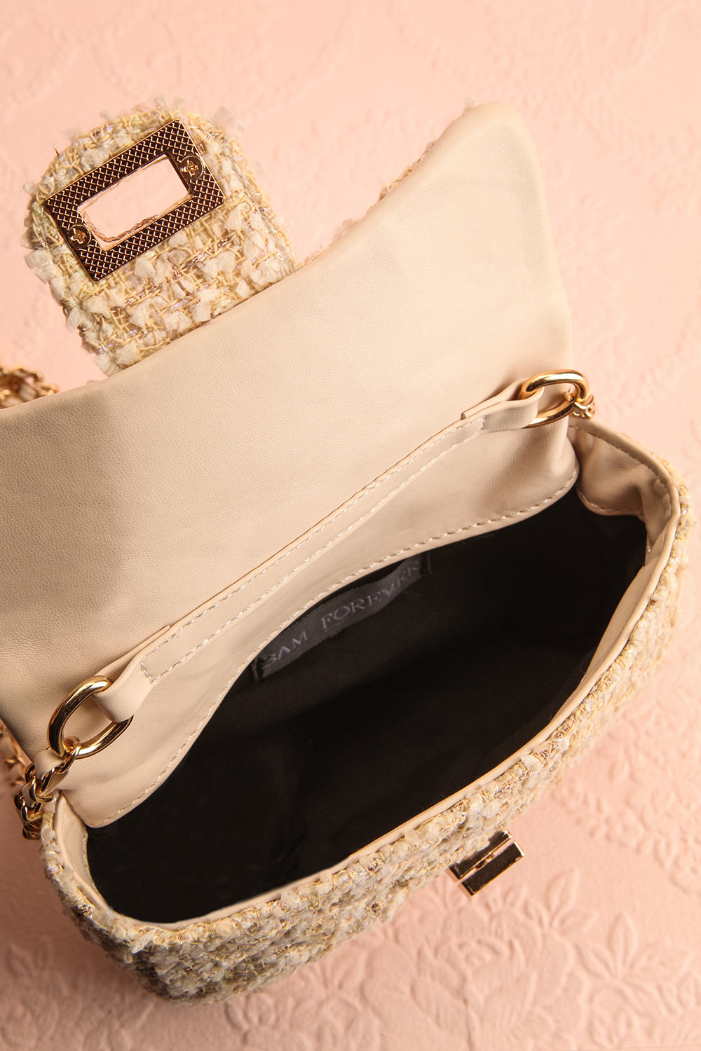 Harmonia Beige Small Clutch Bag w/ Chain Strap | Boutique 1861 inside view