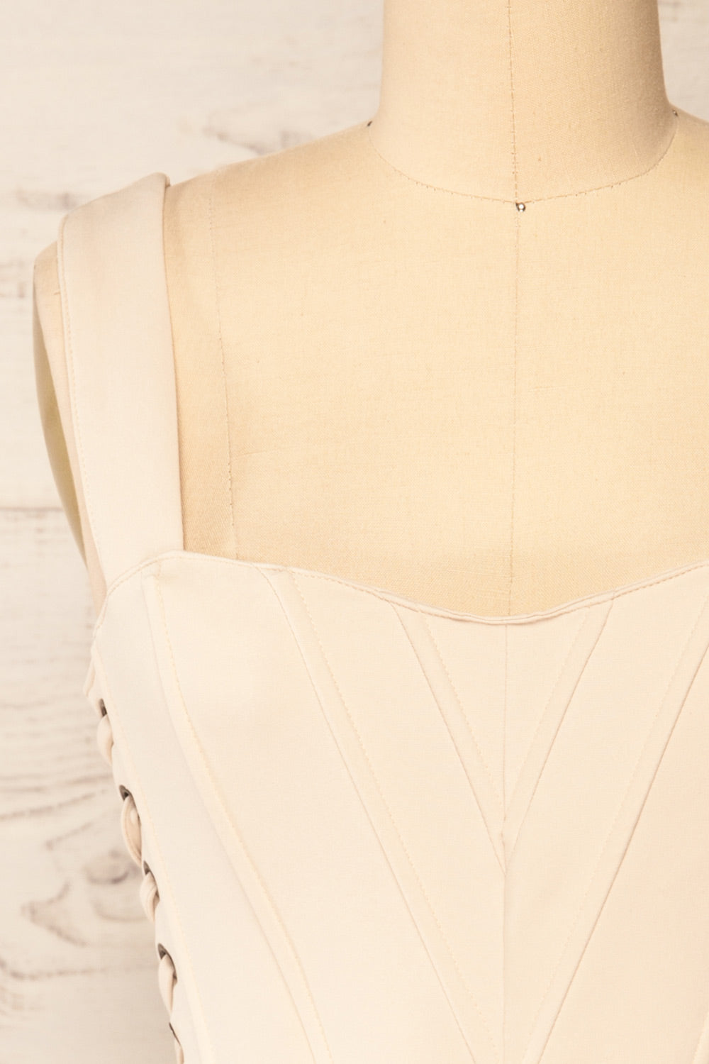 Hausen Beige Lace-Up Corset Top | La petite garçonne front close-up