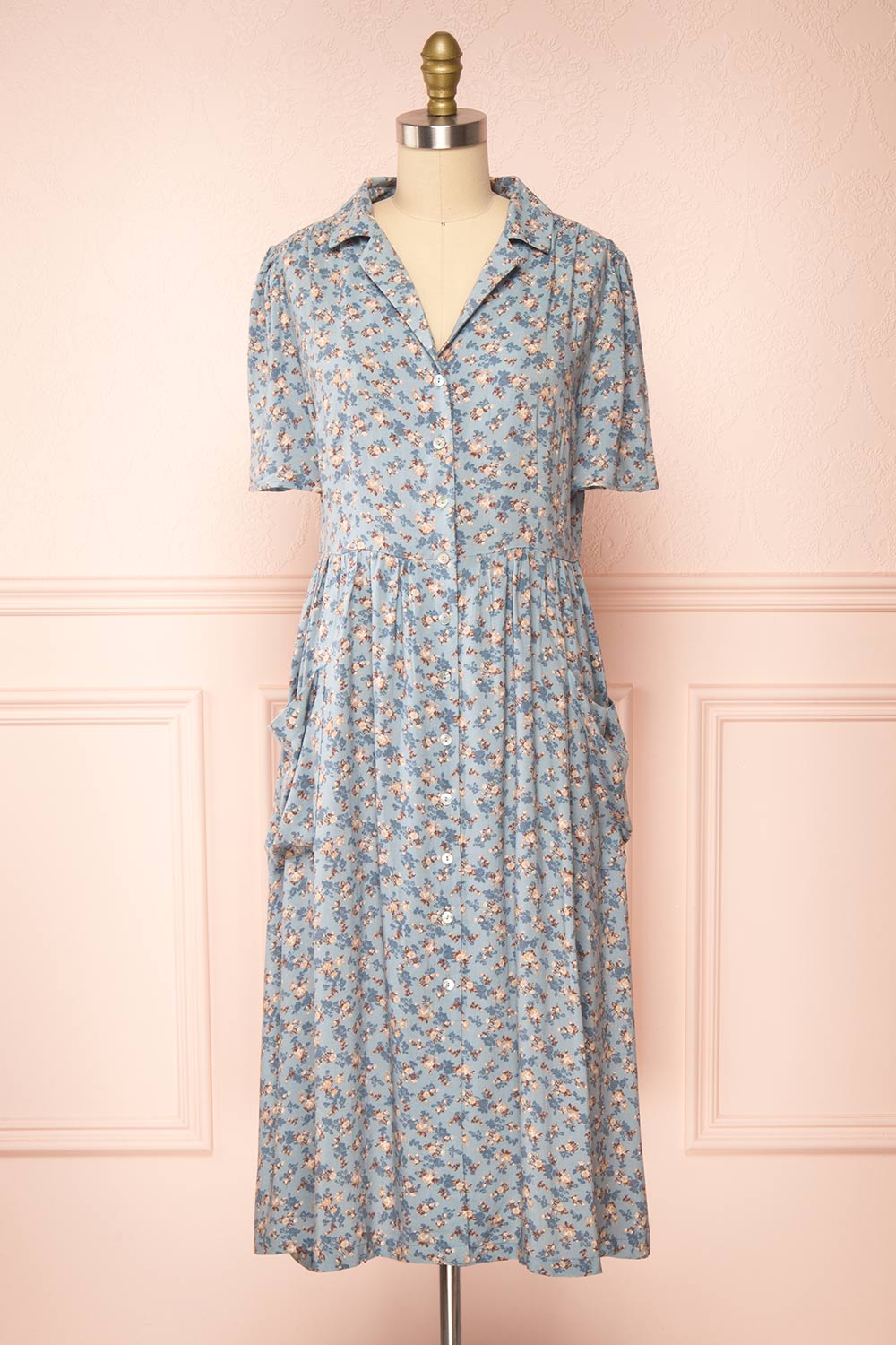 Hayal Blue Buttoned Floral Midi Shirt Dress | Boutique 1861 front view