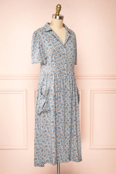 Hayal Blue Buttoned Floral Midi Shirt Dress | Boutique 1861  side view
