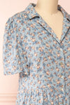 Hayal Blue Buttoned Floral Midi Shirt Dress | Boutique 1861  side close-up