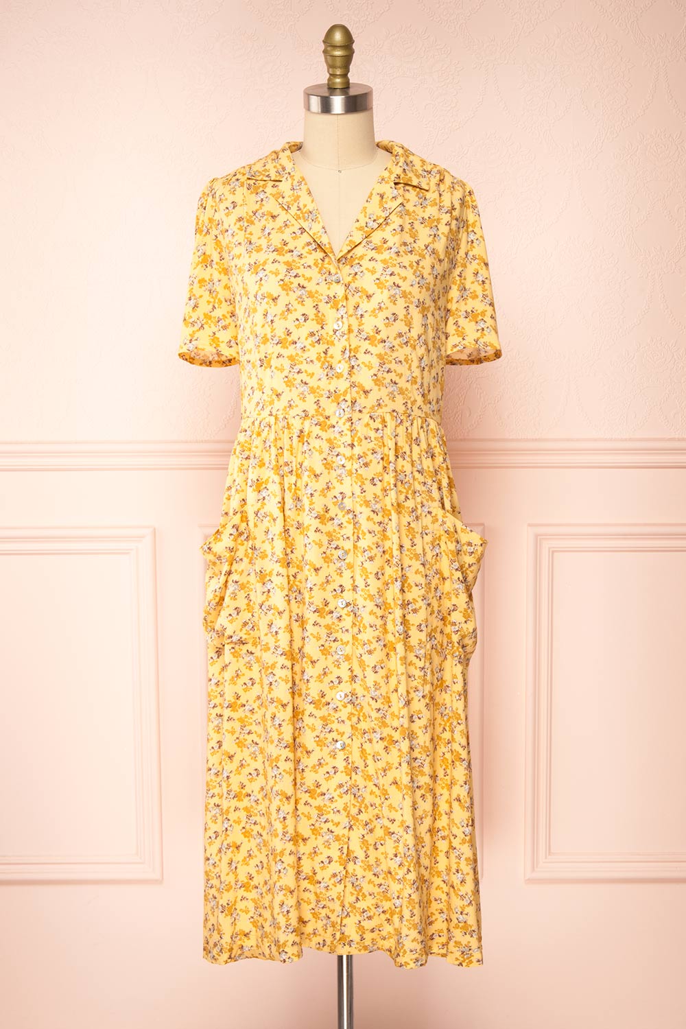 Hayal Yellow Buttoned Floral Midi Shirt Dress | Boutique 1861 front view