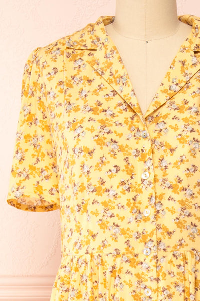 Hayal Yellow Buttoned Floral Midi Shirt Dress | Boutique 1861  front close-up