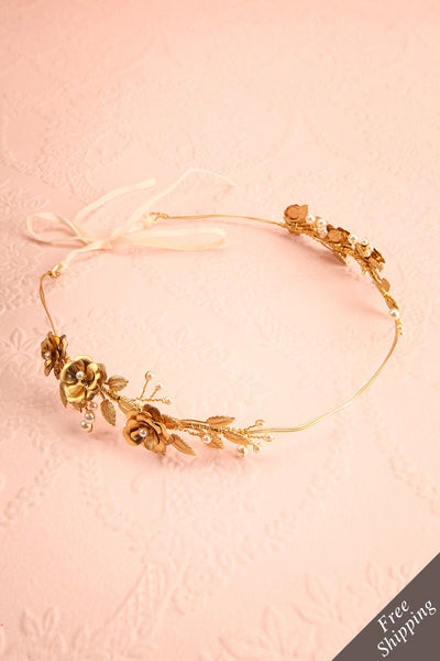 Mania Golden Flowers & Leaves Headband with Pearls | Boudoir 1861