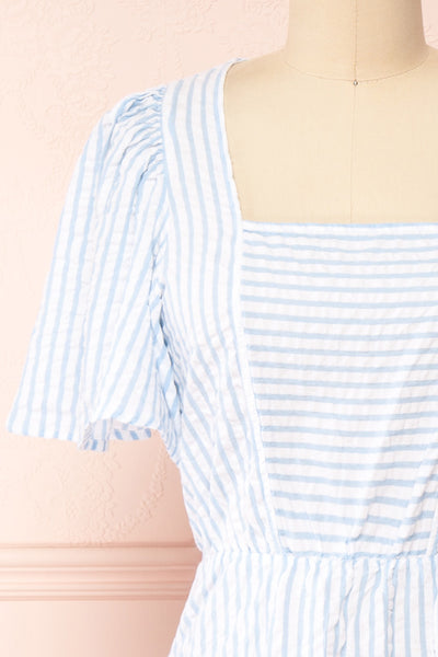Heidi Blue Striped Midi Dress w/ Square Neckline | Boutique 1861 front close-up