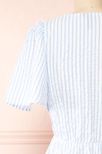 Heidi Blue Striped Midi Dress w/ Square Neckline | Boutique 1861 back close-up