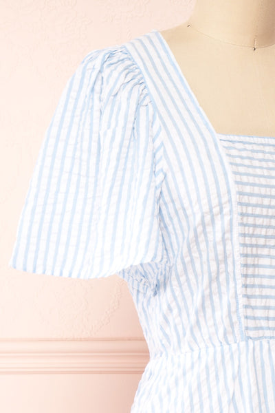 Heidi Blue Striped Midi Dress w/ Square Neckline | Boutique 1861 side close-up